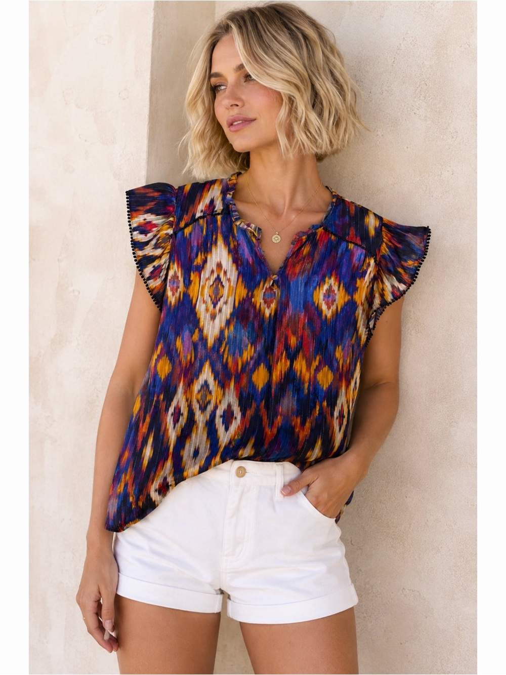 Cupio Blush Boho Ikat Metallic Ruffle Top Womens Plus 2X Festival Chic Blouse